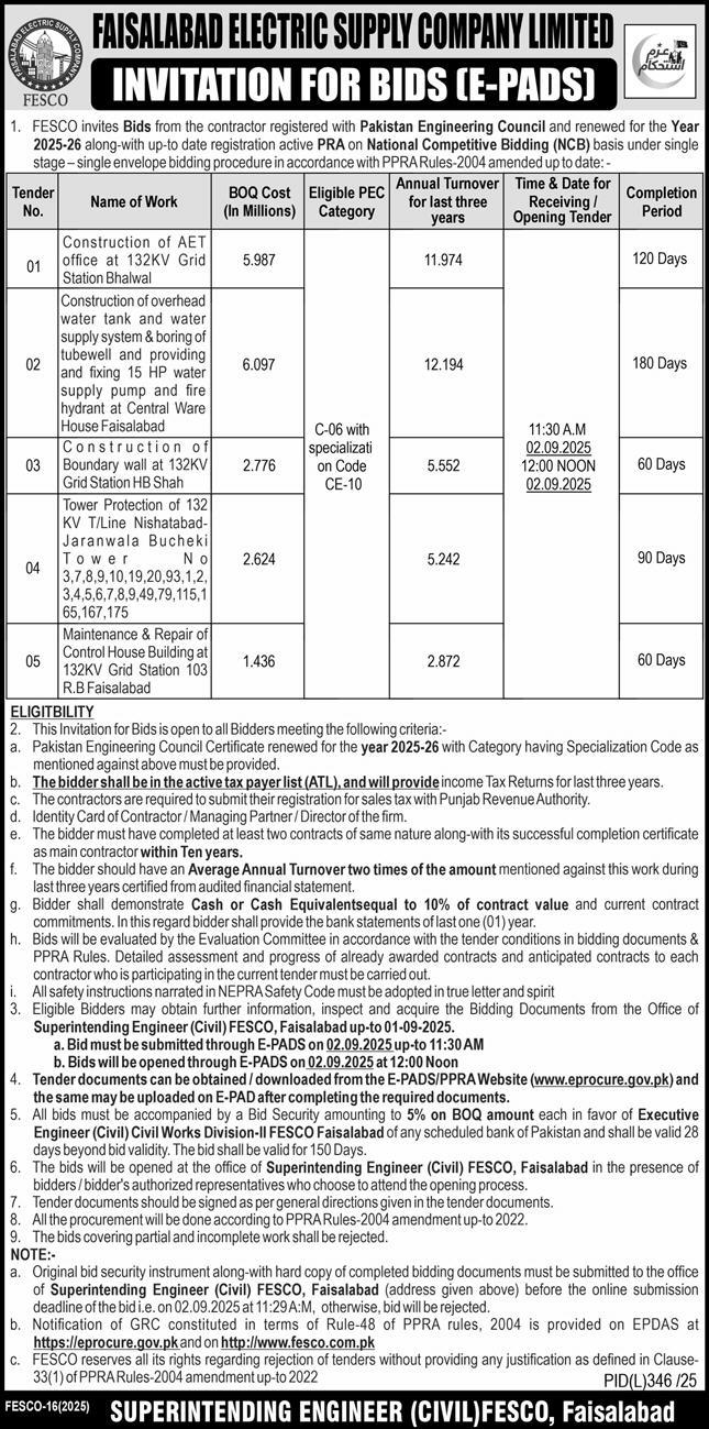 Faisalabad Electric Supply Company Limited Tender Notice